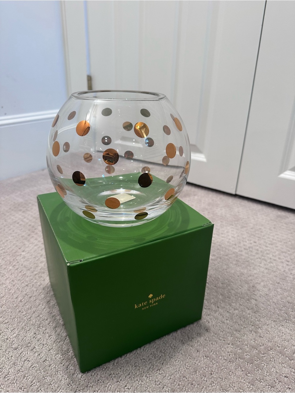 Kate Spade Lenox Pearl Place Gold Polka Dot Crystal Rose Bowl Vase 6” NIB